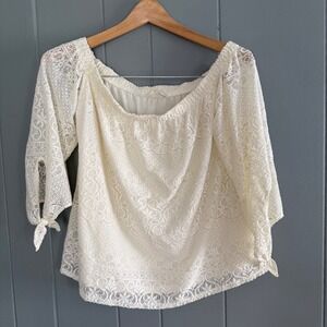 Bo + Bel Lace Peasant Blouse Off Shoulder Cream‎ Boho Chic Cottagecore Top Small